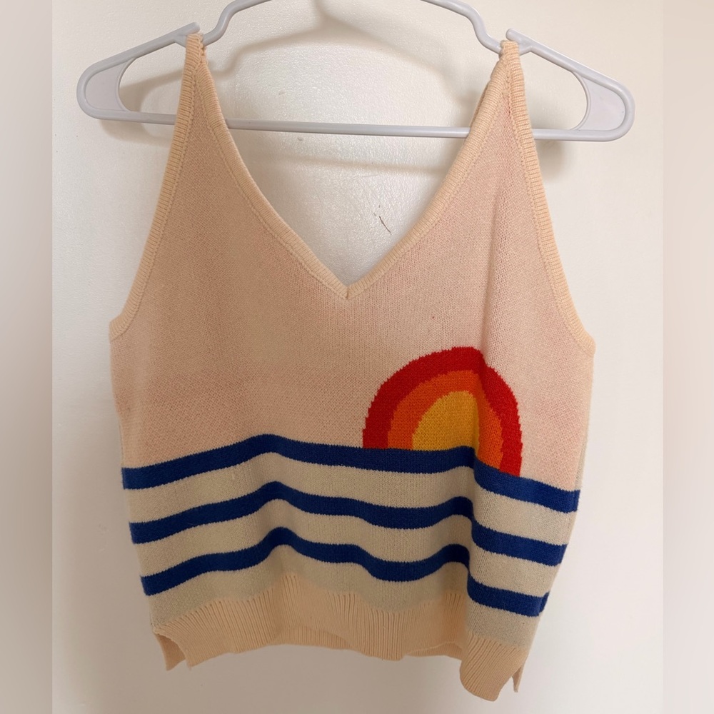 Sunset Knit Tank Top - Cream and Blue